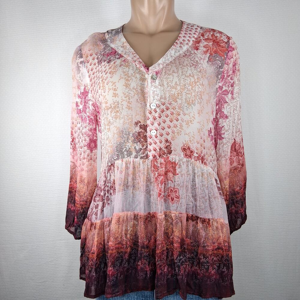 Sundance Honey Blossom Blouse Top Women's Size Small Tiered 3/4 Sleeve Boho